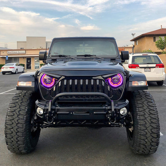 Front end of a Jeep with ColorSHIFT Oculus Headlights installed.