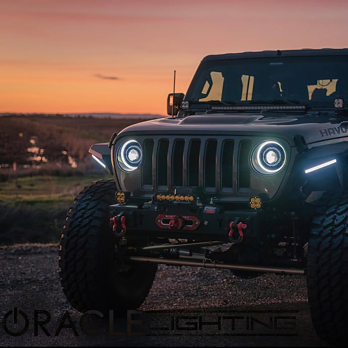 Front end of a Jeep Wrangler JL with Oculus Headlights installed.