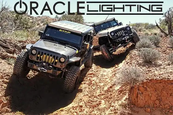 Two Jeep Wrangler JKs side by side, both equipped with LED Off-Road Side Mirrors.