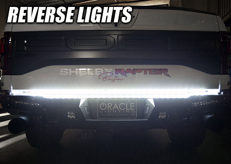 Rear view of a Ford Raptor with 60” Double Row LED Truck Tailgate Light Bar installed and reverse lights on.