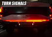 Rear view of a Ford Raptor with 60” Double Row LED Truck Tailgate Light Bar installed and turn signal on.