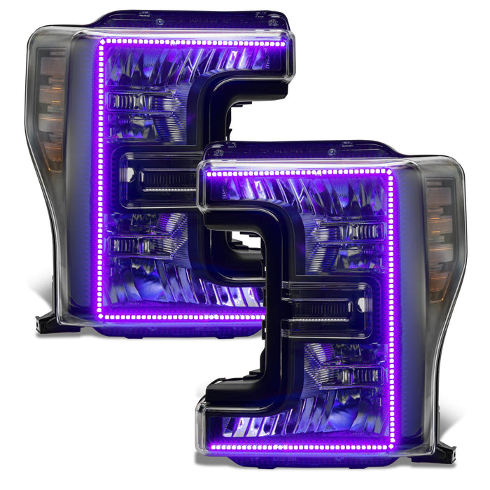Ford SuperDuty headlights with purple halos.