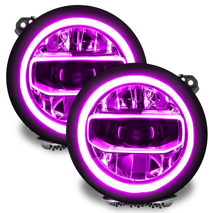 Jeep Wrangler JL headlights with pink DRLs.
