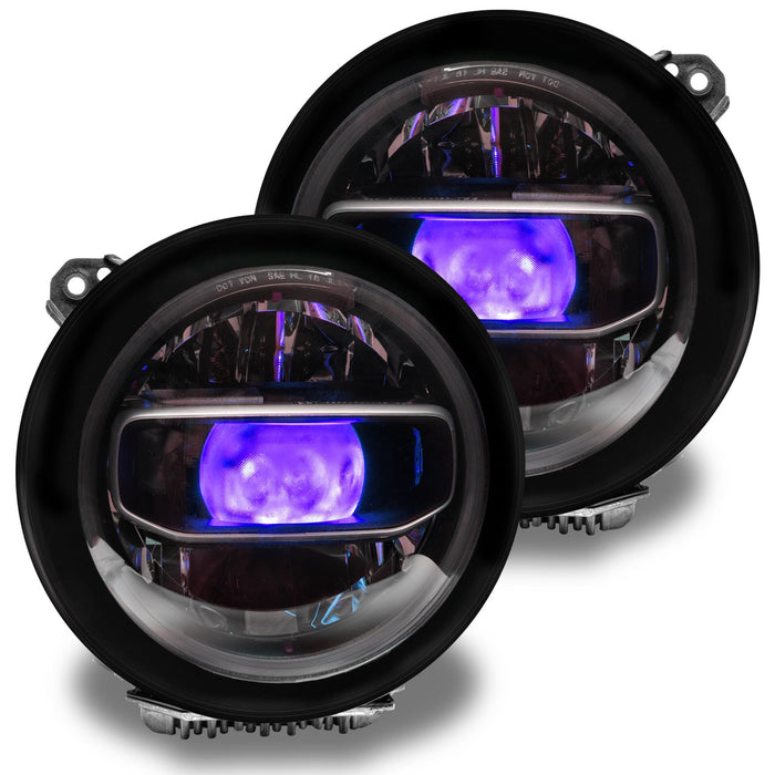 Jeep Wrangler JL headlights with purple "Demon Eye" Projectors.