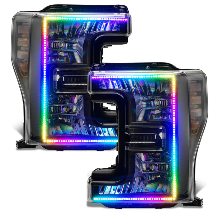 Ford SuperDuty headlights with rainbow halos.