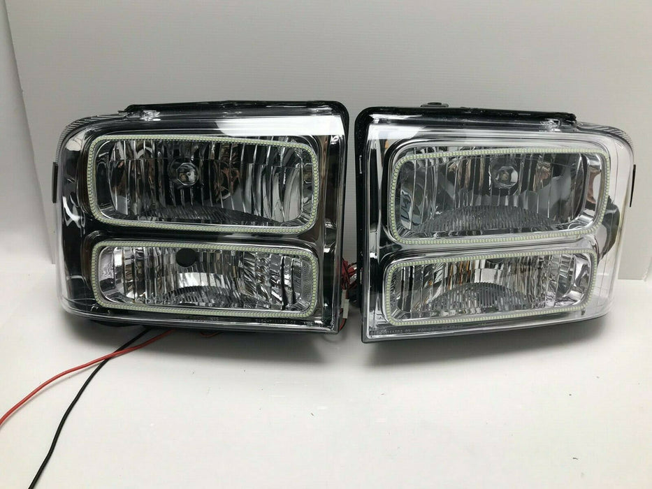 2005 Ford Excursion Pre-Assembled LED Halo Headlights - Chrome SMD White