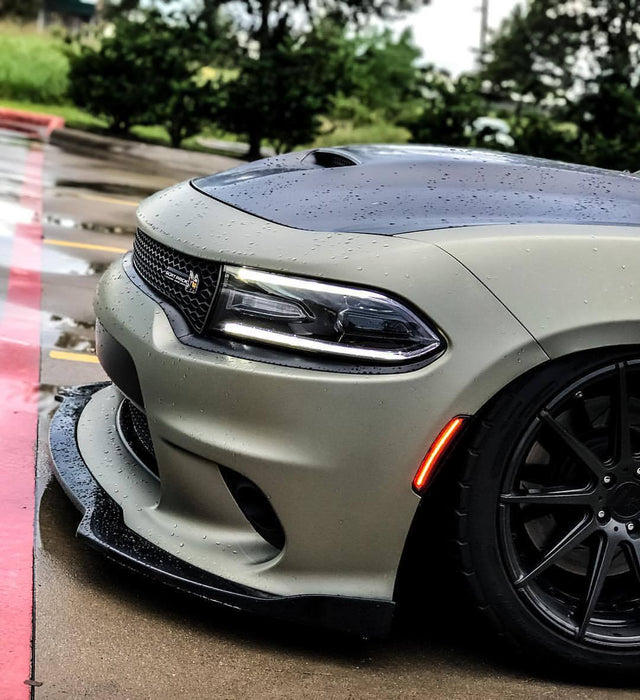 Close-up on the front end of a Dodge Charger with Concept Sidemarkers installed.