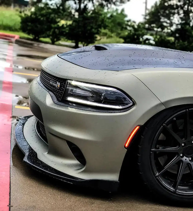 Close-up on the front end of a Dodge Charger with Concept Sidemarkers installed.