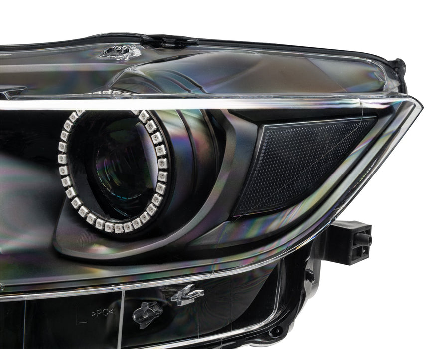 Close-up of 2015-2017 Ford Mustang Pre-Assembled Headlights -Dynamic ColorSHIFT RGB+A -Black Edition