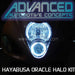 Suzuki Hayabusa headlight unit with white LED halo rings installed.