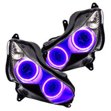 Kawasaki ZX-14R headlights with purple LED halo rings.