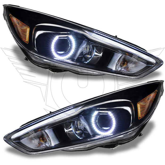 Ford Focus headlights with white halo rings.