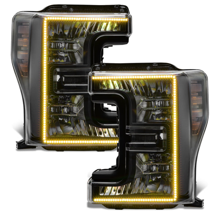 Ford SuperDuty headlights with yellow halos.