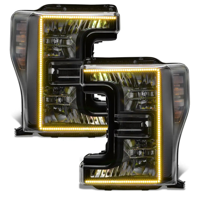 Ford SuperDuty headlights with yellow halos.