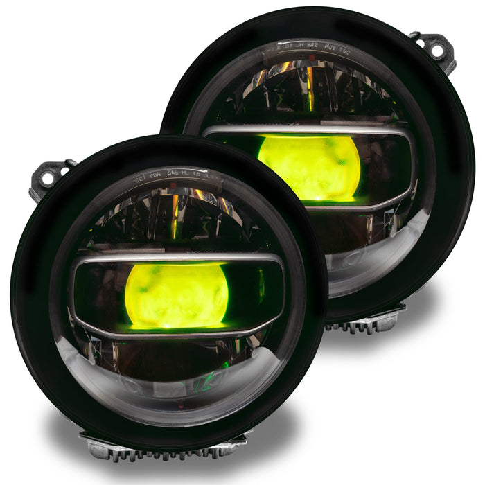Jeep Wrangler JL headlights with yellow "Demon Eye" Projectors.