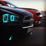 Close-up of black charger with cyan halos
