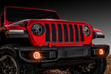 Red jeep with amber fog light halos