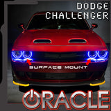 Red dodge challenger with blue LED surface mount halos with ORACLE Lighting logo