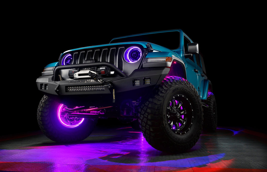 Aqua jeep with purple LED halos and wheel rings