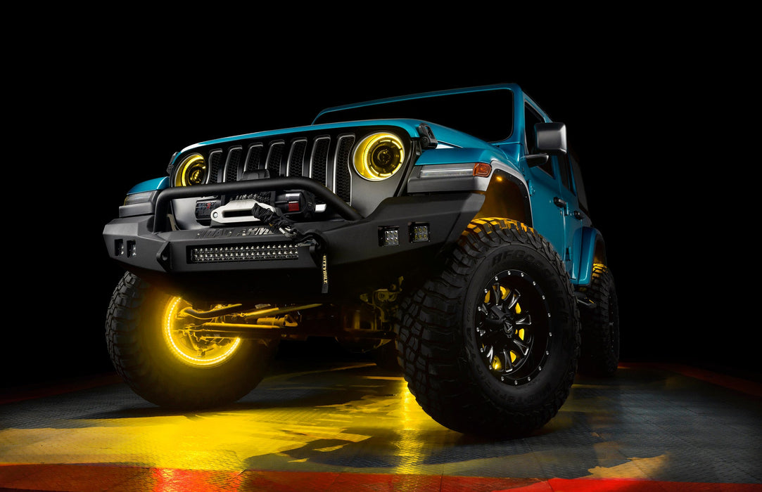 Aqua jeep with yellow LED halos and wheel rings