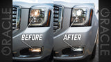 Side by side picture of factory bulbs versus brighter LED bulbs