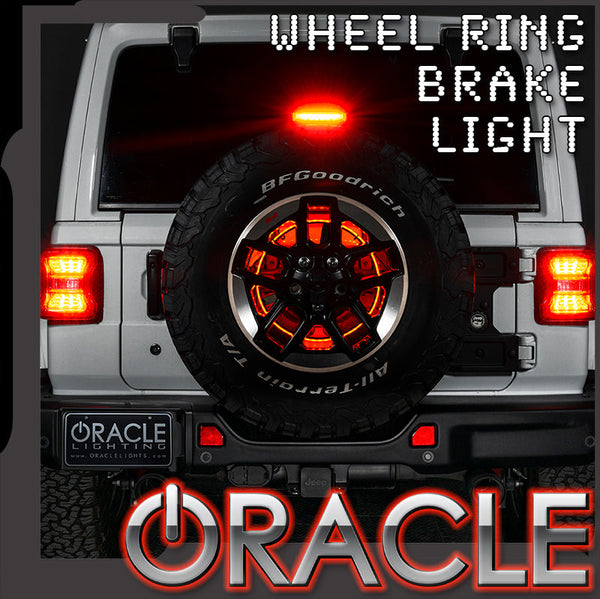 Rear view of Jeep with LED spare tire third brake light installed with ORACLE Lighting logo