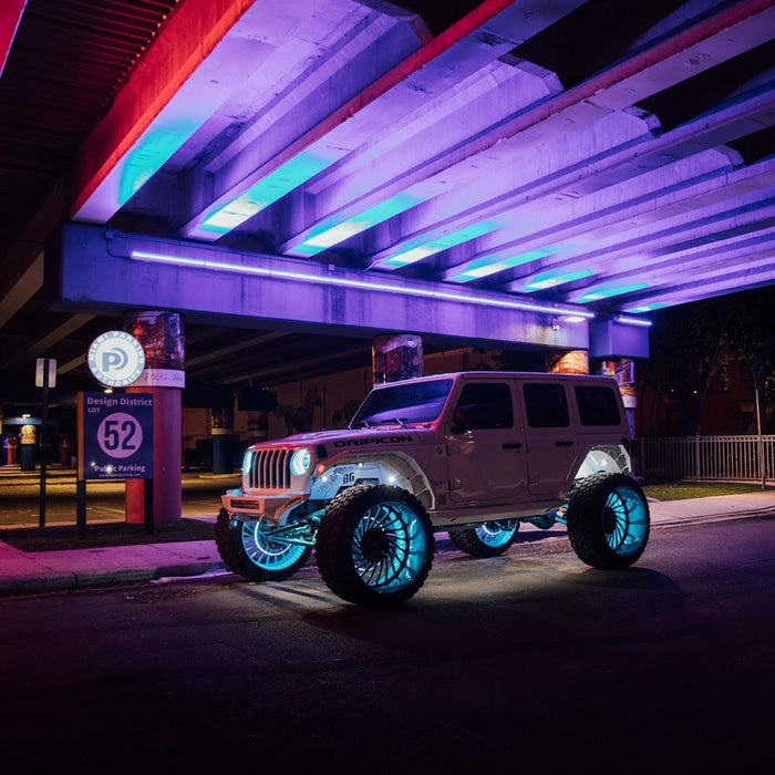 White jeep with aqua blue LED wheel rings