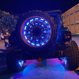 Rear view of Jeep with blue spare tire third brake light