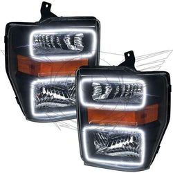 ORACLE 08-10 FORD F250/F350 BLACK HEADLIGHTS WITH WHITE LED HALOS INSTALLED - CLEARANCE